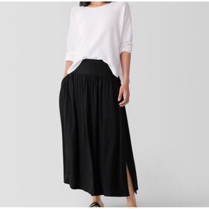 NWT Eileen‎ Fisher Fine Jersey Gathered Skirt Black Midi Pockets Slits Large